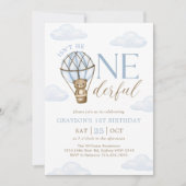 ブルーベアーホットエアバルーン男の子たち1st誕生日 招待状 (正面)