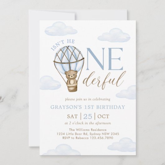 ブルーベアーホットエアバルーン男の子たち1st誕生日 招待状 (正面)