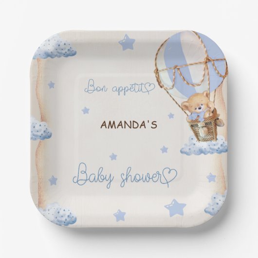 ブルーベアーホットエアバルーン赤ちゃんシャワー素朴 ペーパープレート (正面)