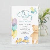 ブルーベア&バルーンウォーターカラー – かわいいベビーシャワー 招待状 (スタンド正面)