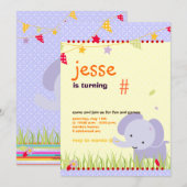 ブルーベイビーエレファントのパーソナライズパーティー 招待状 (正面/裏面)