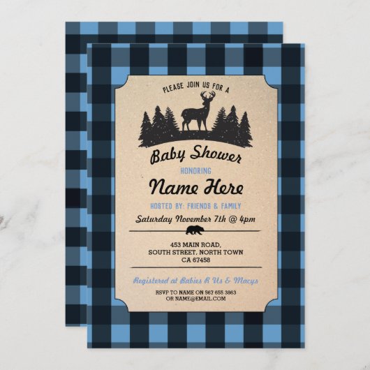 ブルーベイビーシャワー ウッドランド lumberjack 招待状 (正面/裏面)