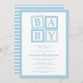 ブルーベイビーブロック男の子ベビーシャワー 招待状 (正面/裏面)