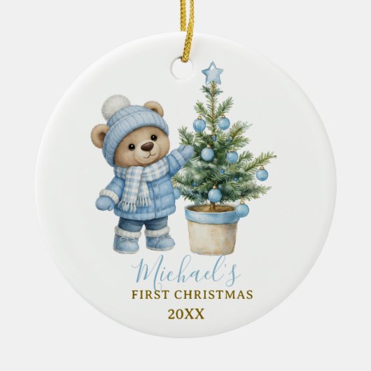 ブルーベイビーベアの最初のクリスマス記念品 セラミックオーナメント (正面)