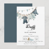 ブルーベイビー服 | 水彩ベイビーボーイシャワー 招待状 (正面/裏面)