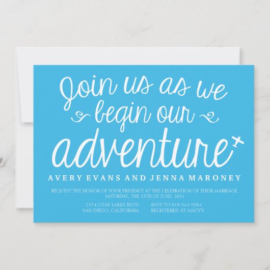 ブルーベギンウエアアドベンチャー飛行機結婚式招待状 招待状 (正面)