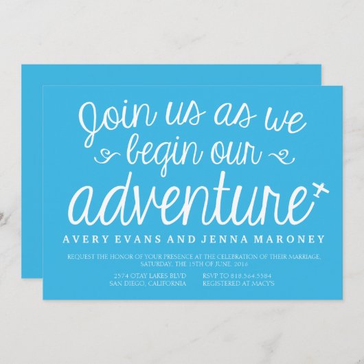 ブルーベギンウエアアドベンチャー飛行機結婚式招待状 招待状 (正面/裏面)