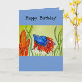 ブルーベッタ魚の水色絵を描のグリーティングカード カード (黄色い花)