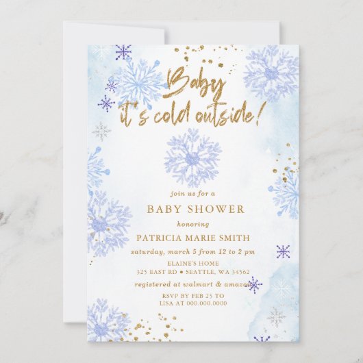 ブルーベビーその冷たい外の冬の赤ちゃんシャワー 招待状 (正面)