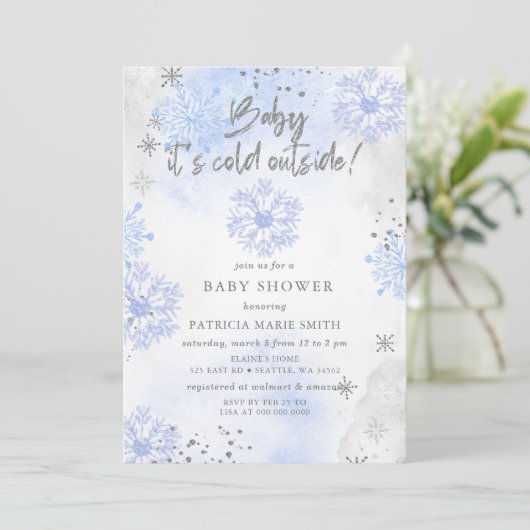ブルーベビーその冷たい外の冬の赤ちゃんシャワー 招待状 (スタンド正面)
