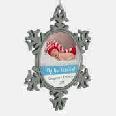 ブルーベビーの初めてのクリスマスベビーの写真保存 スノーフレークピューターオーナメント (左)