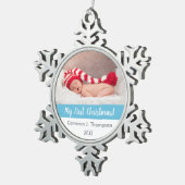 ブルーベビーの初めてのクリスマスベビーの写真保存 スノーフレークピューターオーナメント (右)