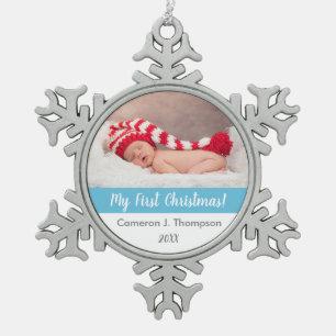 ブルーベビーの初めてのクリスマスベビーの写真保存 スノーフレークピューターオーナメント