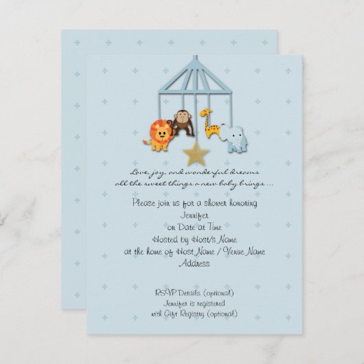 ブルーベビーアニマルモバイルベビーシャワー招待状 招待状 (正面/裏面)