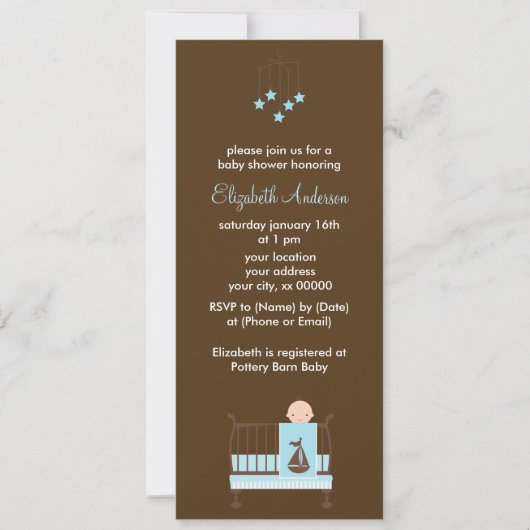 ブルーベビーインクリブボーイベビーシャワー 招待状 (正面)