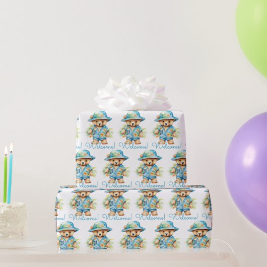 ブルーベビーウェルカムテディベアギフトラッピング紙 ラッピングペーパー (パーティーギフト)
