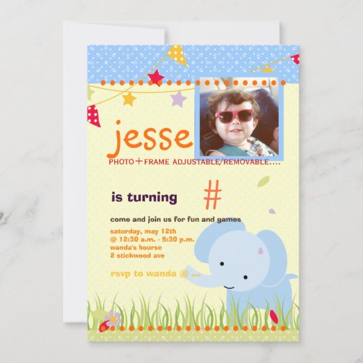 ブルーベビーエレファントパーソナライズされたパーティー 招待状 (正面)