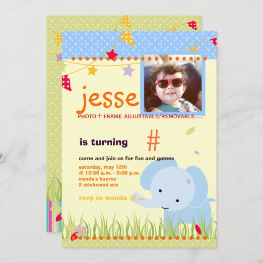 ブルーベビーエレファントパーソナライズされたパーティー 招待状 (正面/裏面)