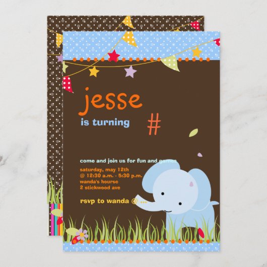 ブルーベビーエレファントパーソナライズされたパーティー 招待状 (正面/裏面)