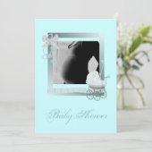 ブルーベビーカー写真ベビーシャワー招待状 招待状 (スタンド正面)