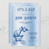 ブルーベビーカー赤ちゃんシャワー招待状 招待状 (正面/裏面)