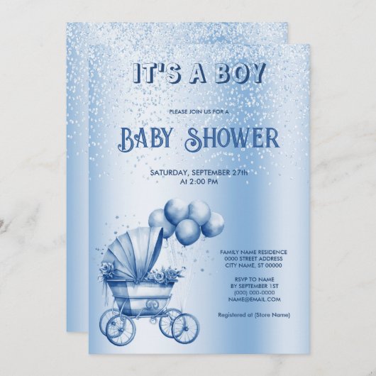 ブルーベビーカー赤ちゃんシャワー招待状 招待状 (正面/裏面)