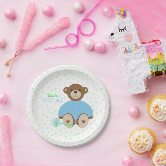 ブルーベビーシャワーを着たテディベア紙プレート ペーパープレート (パーティー)