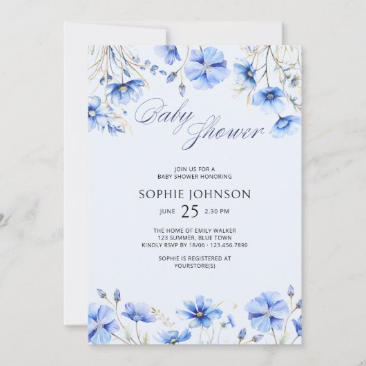 ブルーベビーシャワーエレガント夏フローラ 招待状 (正面)