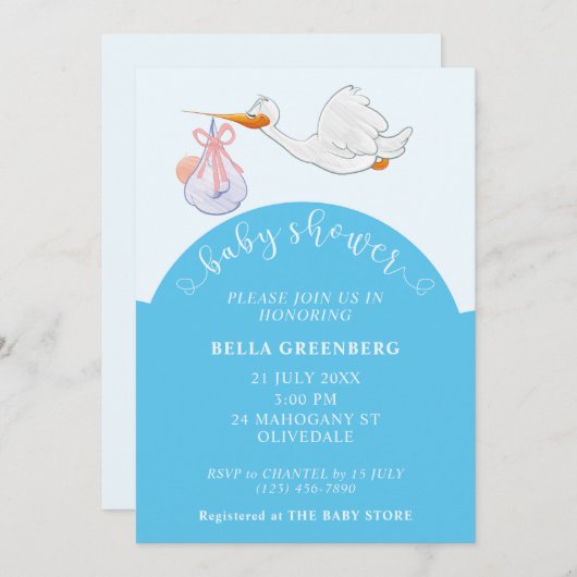 ブルーベビーシャワーストーク招待状 招待状 (正面/裏面)