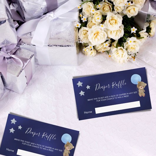 ブルーベビーシャワーテディボーイおむつラッフルチケット エンクロージャーカード