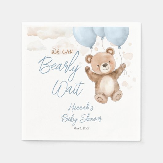 ブルーベビーシャワーナプキンを待つことができる スタンダードカクテルナプキン (正面)