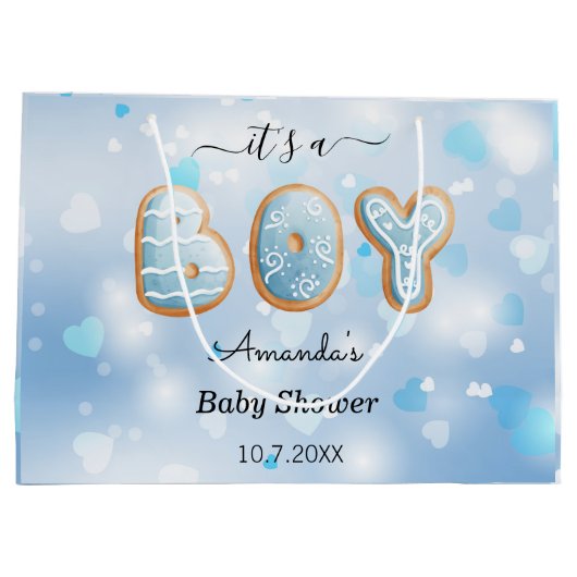 ブルーベビーシャワーハートパターン抱き枕 ラージペーパーバッグ (裏面)