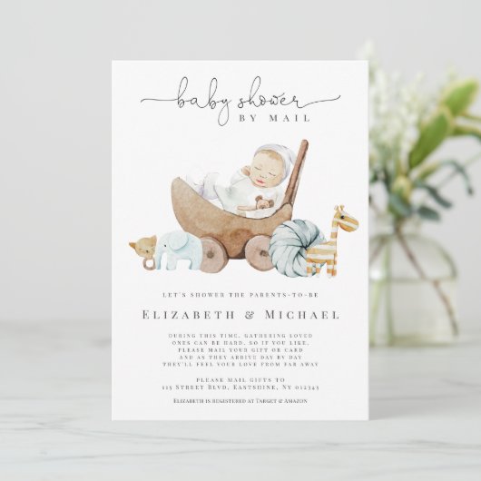 ブルーベビーシャワーバイメールボーイボホソーシャルディスタンス 招待状 (スタンド正面)