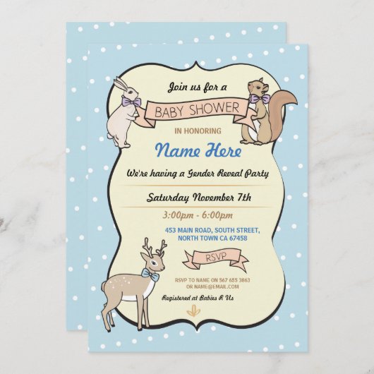 ブルーベビーシャワーボーイディアー水玉模様招待状 招待状 (正面/裏面)