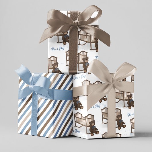 ブルーベビーシャワー男の子テディベア ラッピングペーパーシート