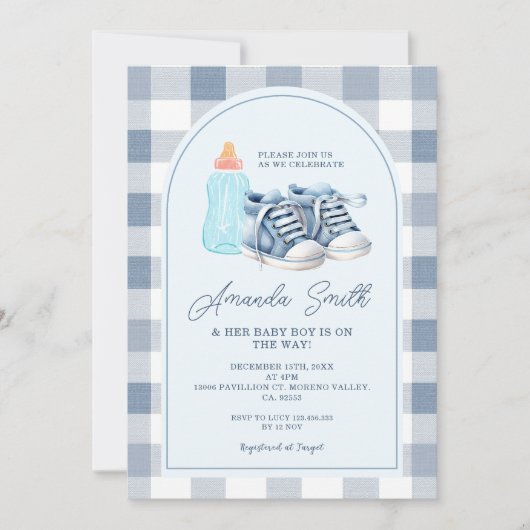 ブルーベビーシューズギンガムボーイミルクボトル 招待状 (正面)