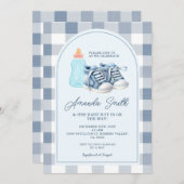 ブルーベビーシューズギンガムボーイミルクボトル 招待状 (正面/裏面)