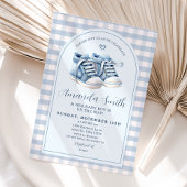 ブルーベビーシューズボーイブーティプレイドアーチベイビーシャワー 招待状