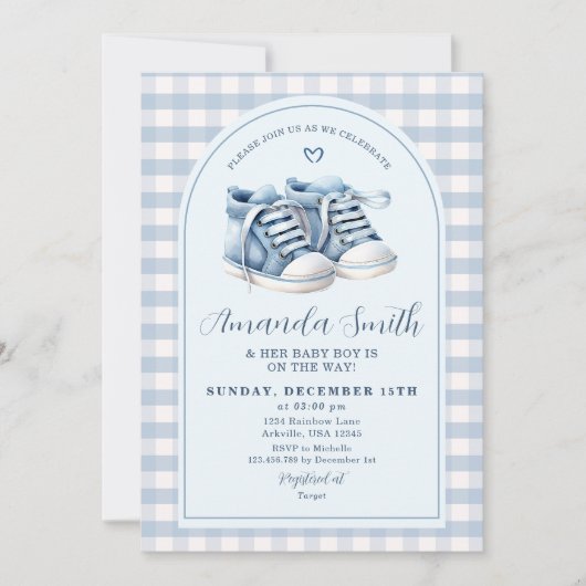 ブルーベビーシューズボーイブーティプレイドアーチベイビーシャワー 招待状 (正面)