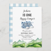ブルーベビーシューズリトルキャンパー誕生日 招待状 (正面/裏面)