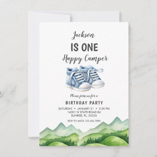 ブルーベビーシューズリトルキャンパー誕生日 招待状 (正面)