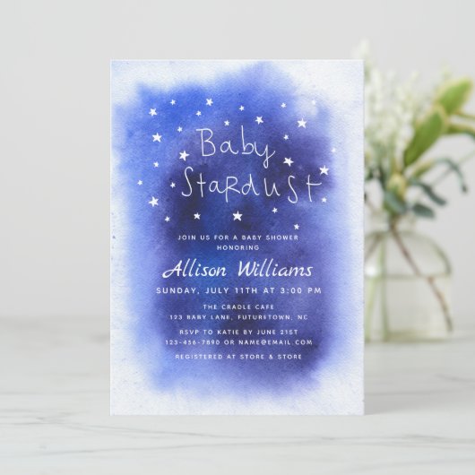 ブルーベビースターダストスターズウォーターカラーベビーシャワー 招待状 (スタンド正面)