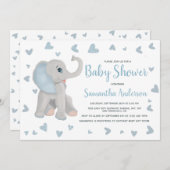 ブルーベビーゾウ水彩赤ちゃんシャワー写真 招待状 (正面/裏面)