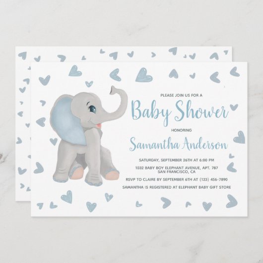ブルーベビーゾウ水彩赤ちゃんシャワー写真 招待状 (正面/裏面)