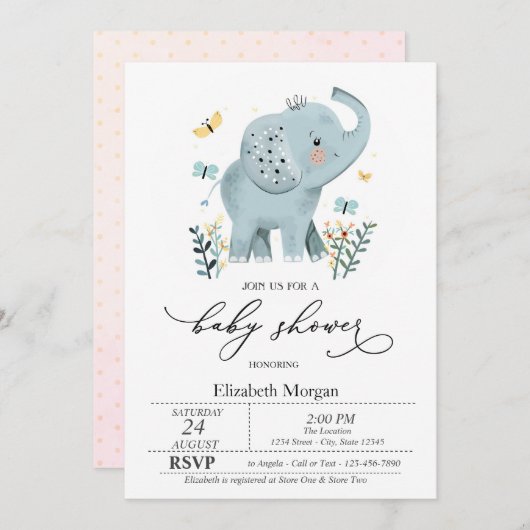 ブルーベビーゾウ蝶ドット赤ちゃんシャワー 招待状 (正面/裏面)