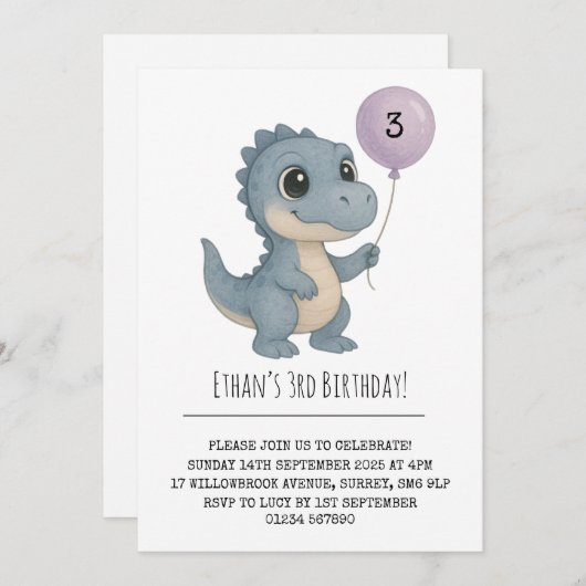 ブルーベビーディノウィズパープルバルーン誕生日 招待状 (正面/裏面)