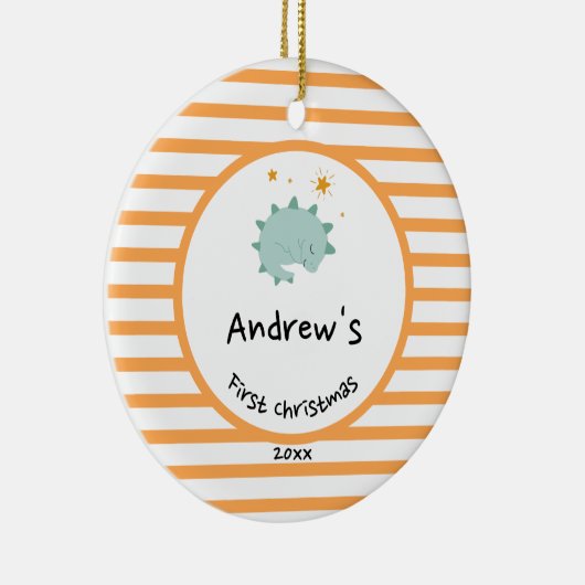 ブルーベビーディノ |初めてのクリスマスオレンジストライプ色 セラミックオーナメント (右)