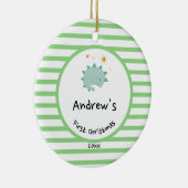 ブルーベビーディノ |初めてのクリスマスグリーンストライプ セラミックオーナメント (右)