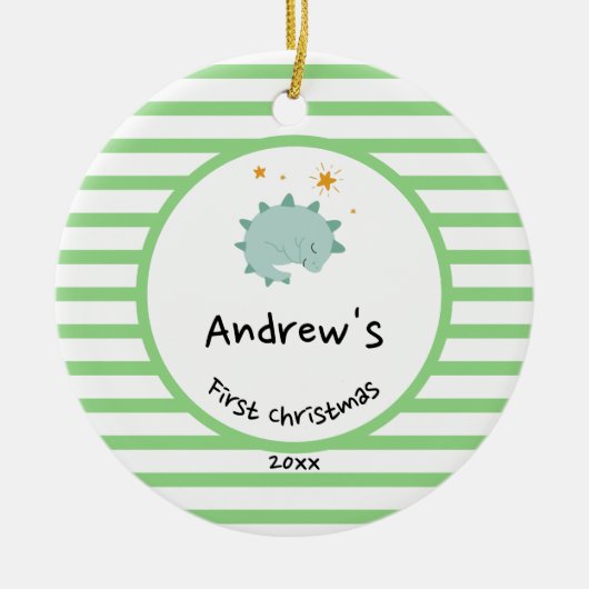 ブルーベビーディノ |初めてのクリスマスグリーンストライプ セラミックオーナメント (正面)