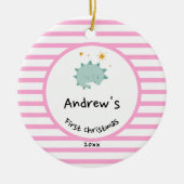 ブルーベビーディノ |初めてのクリスマスピンクストライプシック セラミックオーナメント (正面)